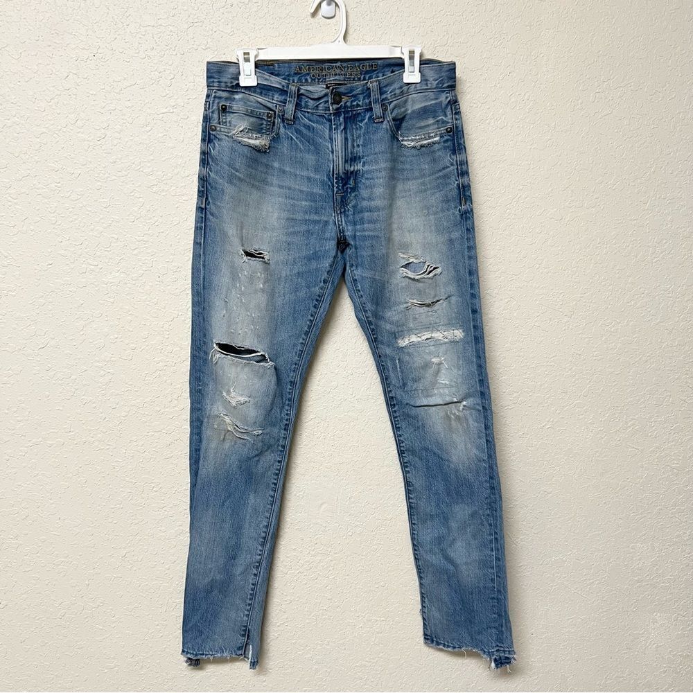 American Eagle Slim Denim Blue Jeans Made To Last Distressed Raw Hem Size 30x34